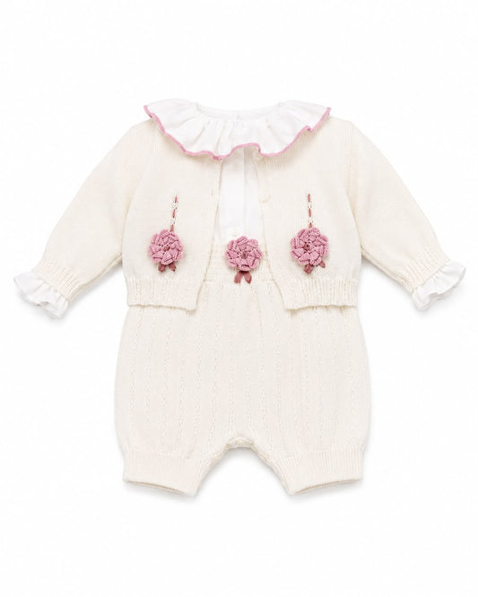Marlù salopette corta neonata con scarpetta, cappellino, bavetta e copertina