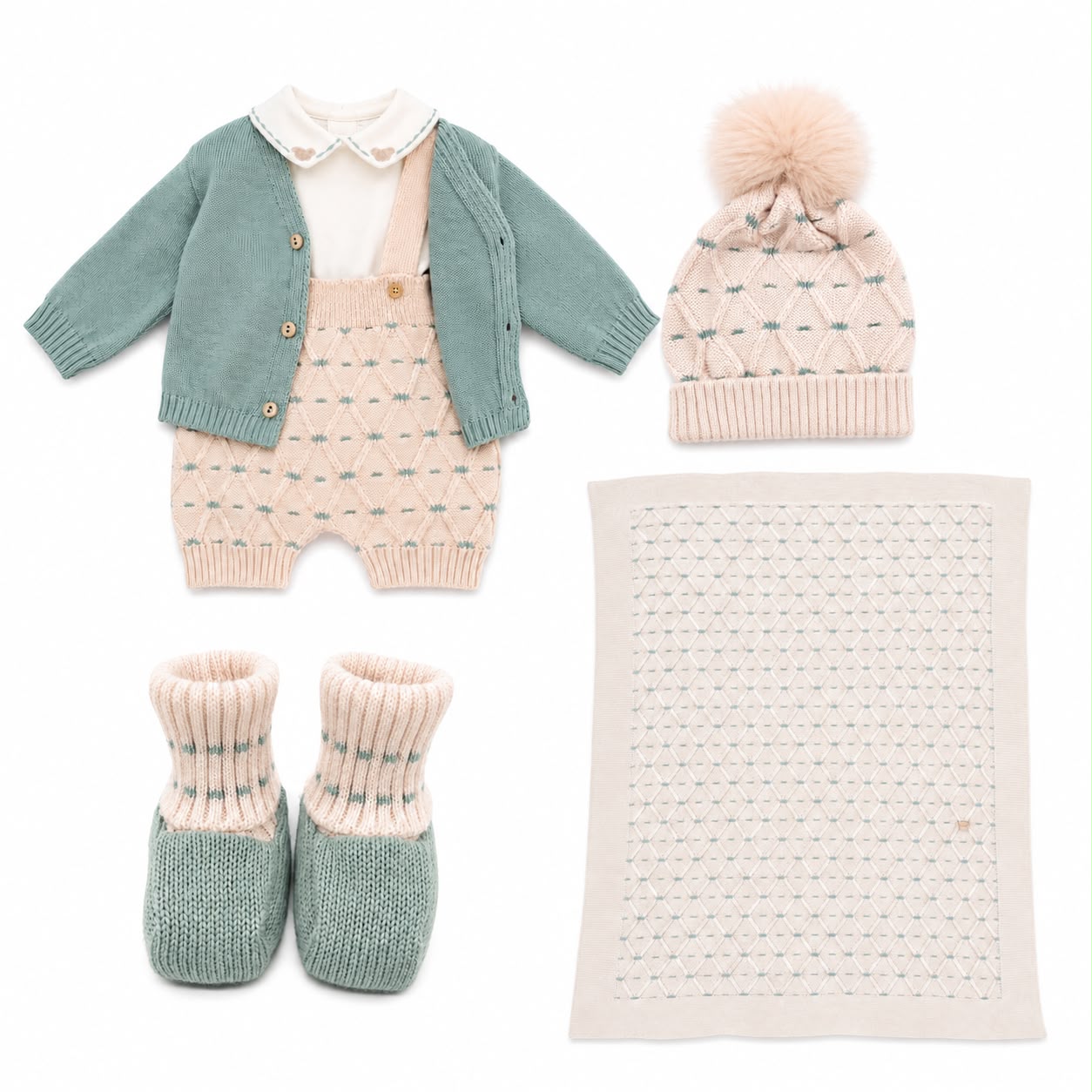 Marlù salopette corta neonato con copertina, scarpetta e cappellino pompon