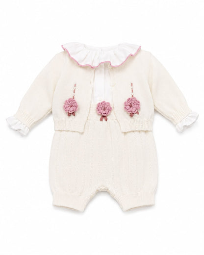 Marlù salopette corta neonata con scarpetta, cappellino, bavetta e copertina