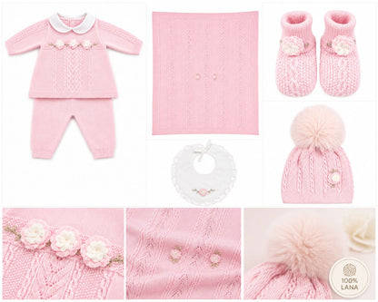 Marlù completo nascita neonata con scarpetta, cappellino pompon, bavetta e copertina