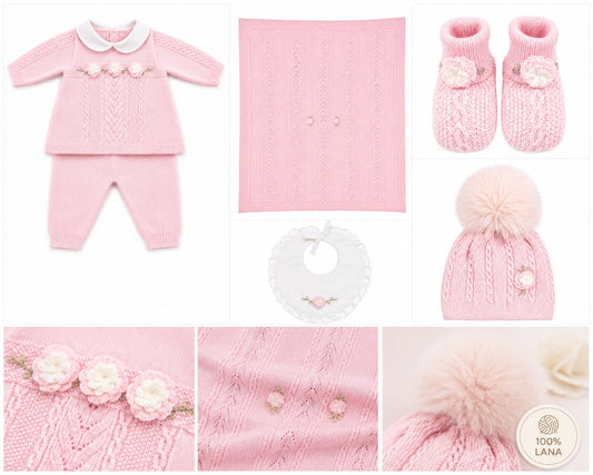 Marlù completo nascita neonata con scarpetta, cappellino pompon, bavetta e copertina