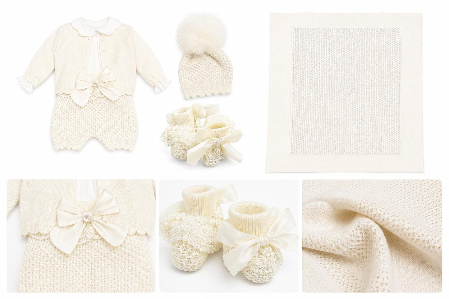 Marlù salopette corta 3pz con scarpetta, cappellino pompon e copertina