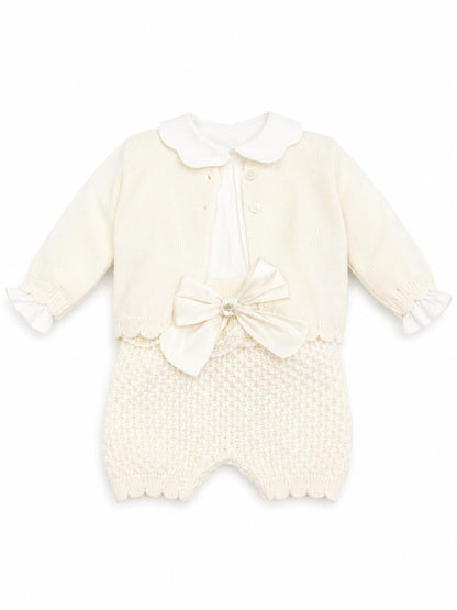 Marlù salopette corta 3pz con scarpetta, cappellino pompon e copertina