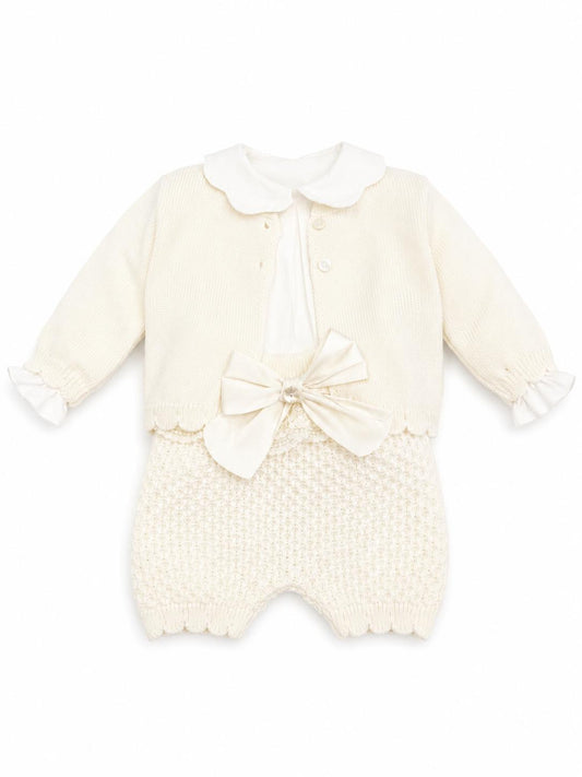 Marlù salopette corta 3pz con scarpetta, cappellino pompon e copertina