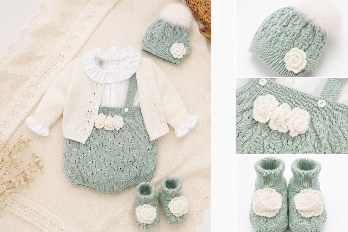 Marlù salopette corta 3 pz con cappellino pompon e scarpetta