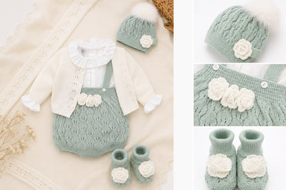 Marlù salopette corta 3 pz con cappellino pompon e scarpetta