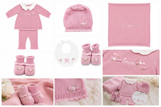 Marlù completo nascita neonata con bavetta, cappellino, scarpetta e copertina