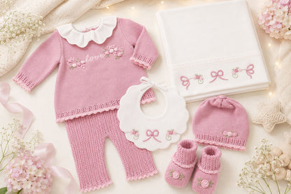 Marlù completo nascita neonata con bavetta, cappellino, scarpetta, copertina e lenzuolino