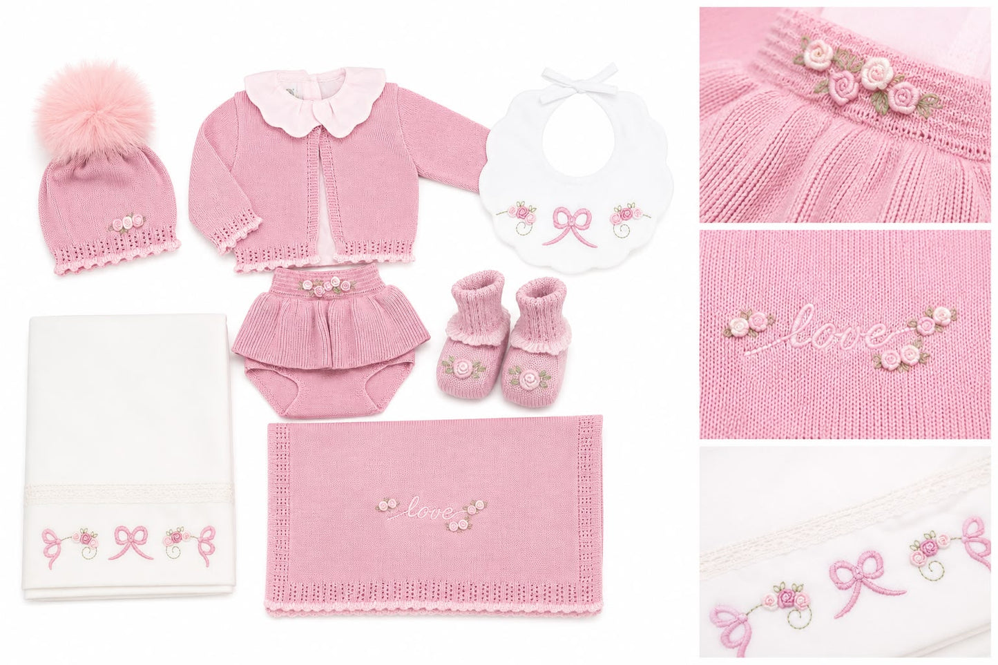 Marlù completo nascita 3 pz con cappellino pompon, bavetta, copertina, lenzuolino e scarpetta