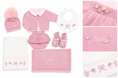 Marlù completo nascita 3 pz con cappellino pompon, bavetta, copertina, lenzuolino e scarpetta