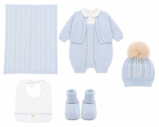 Marlù salopette corta neonato con scarpetta, cappellino con pompon, bavetta e copertina