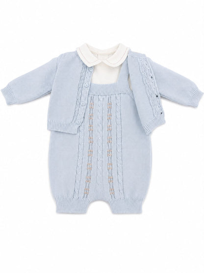 Marlù salopette corta neonato con scarpetta, cappellino con pompon, bavetta e copertina