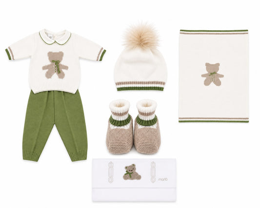 Marlù completo neonato con scarpetta, cappellino pompon, copertina e lenzuolino