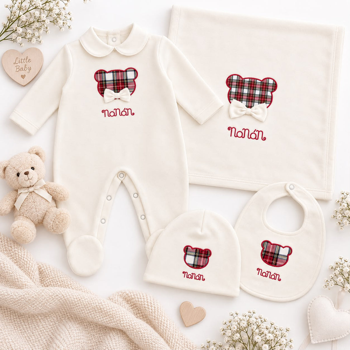 Nana'n set nascita con tutina, cappellino, bavetta e copertina