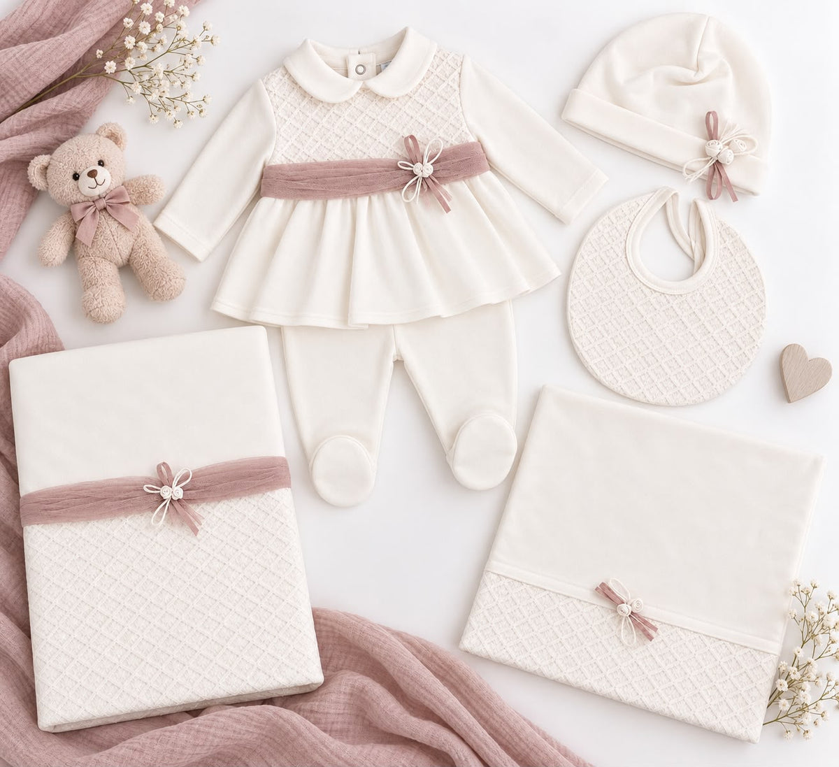 Ninnaoh set nascita con completo, cappellino, bavetta, lenzuolino e copertina