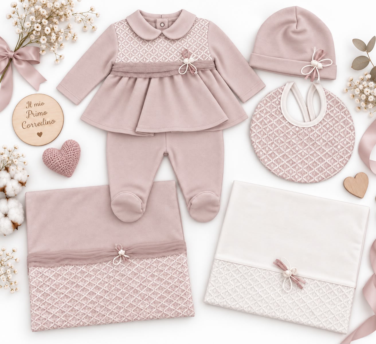 Ninnaoh set nascita con completo, cappellino, bavetta, lenzuolino e copertina