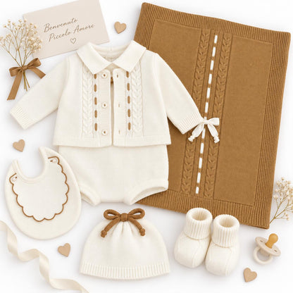 Pappa e Latte set nascita con pagliaccetto, giacchetta, bavetta, scarpetta, cappellino e copertina