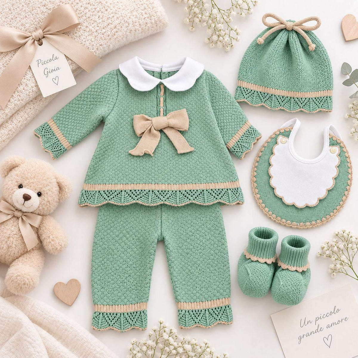 Pappa e Latte Set nascita con completo, bavaglino, scarpine e cappellino