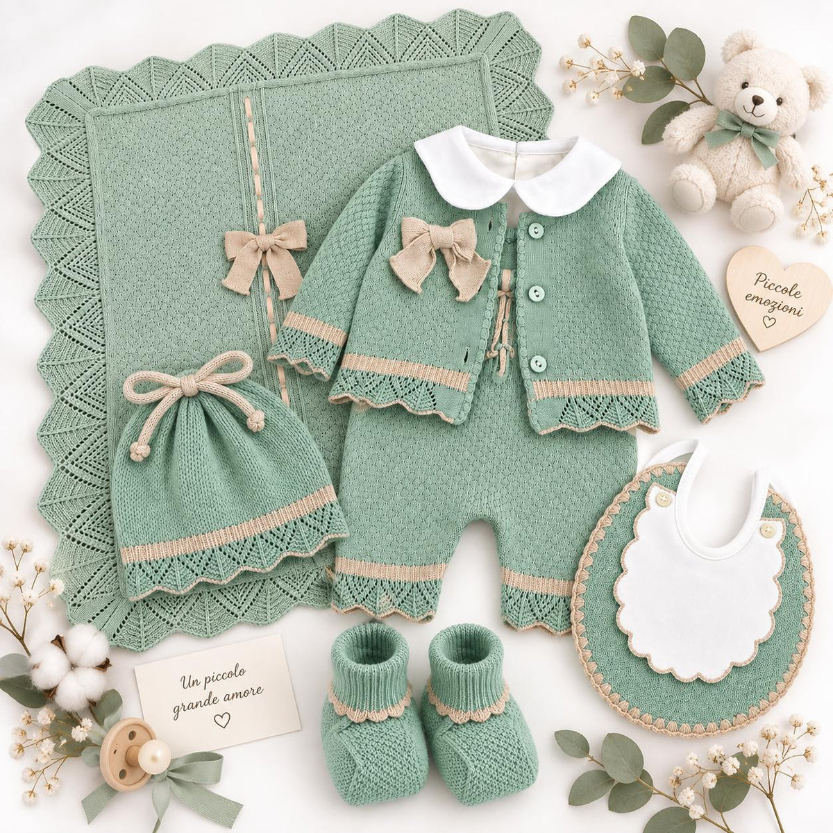 Pappa e Latte Set nascita con pagliaccetto, giacchetta, bavaglino, scarpine, cappellino e body