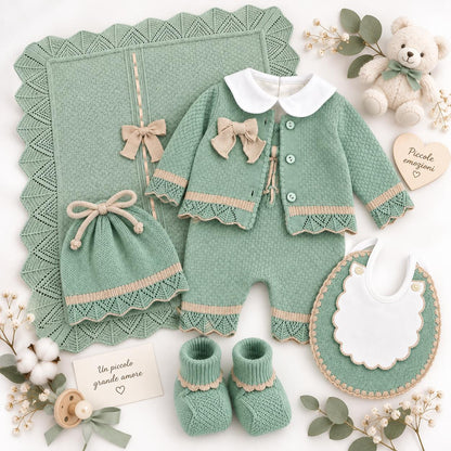 Pappa e Latte Set nascita con pagliaccetto, giacchetta, bavaglino, scarpine, cappellino e body