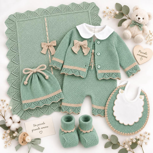 Pappa e Latte Set nascita con pagliaccetto, giacchetta, bavaglino, scarpine, cappellino e body
