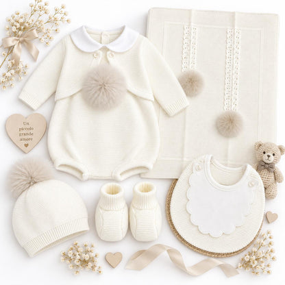 Pappa e Latte set nascita con pagliaccetto, giacchetta, copertina, scarpette, cappellino e bavetta