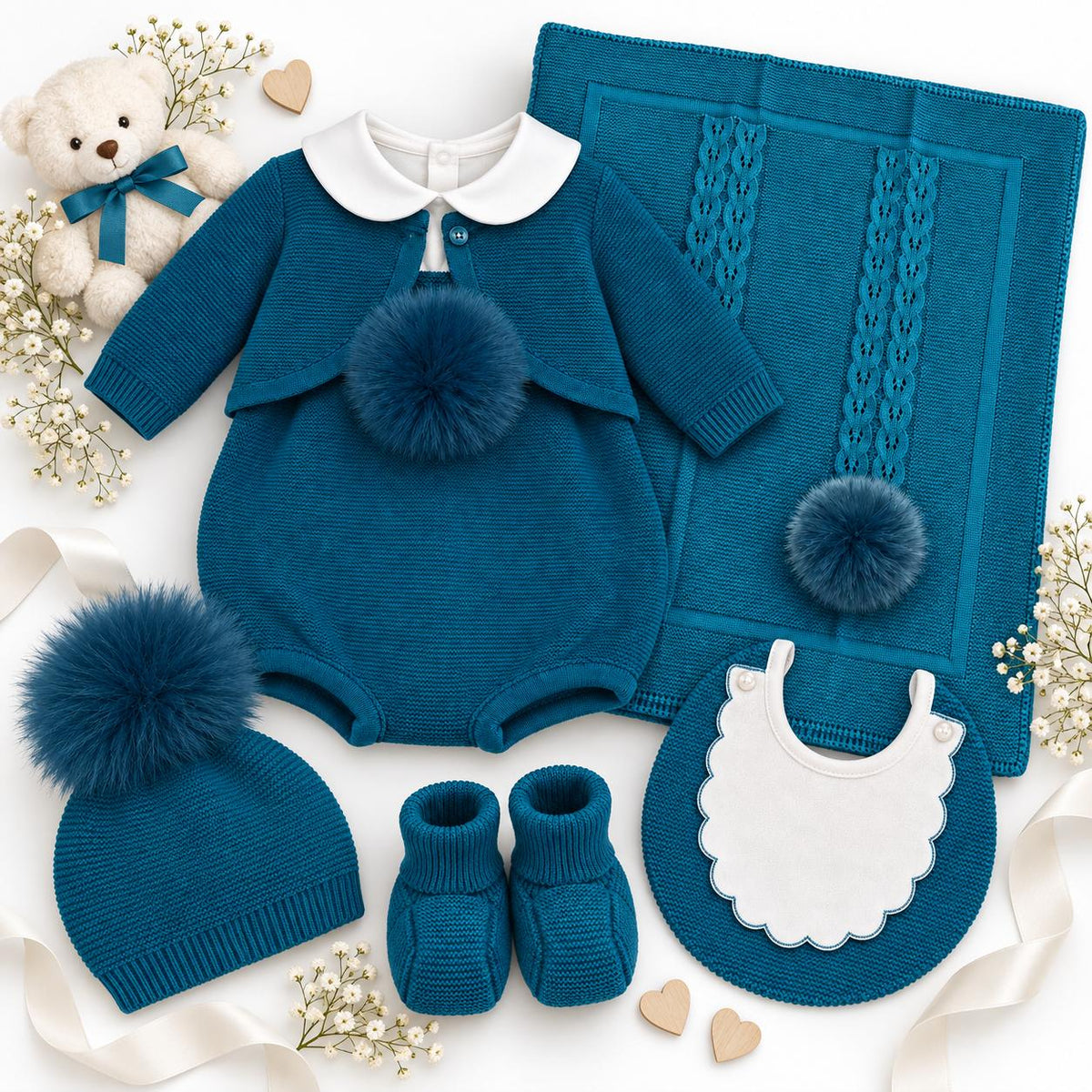 Pappa e Latte set nascita con pagliaccetto, giacchetta, copertina, scarpette, cappellino e bavetta